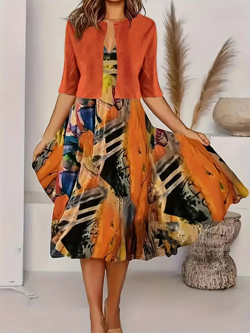 Vainoana | Vestido MIDI Estampado Con Chaqueta Abierta Por Delante