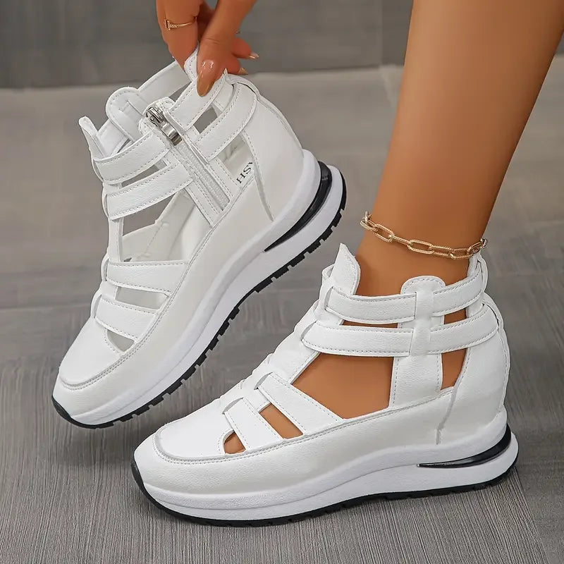 Souad - Sandalias de cuña con plataforma y tiras caladas con cremallera