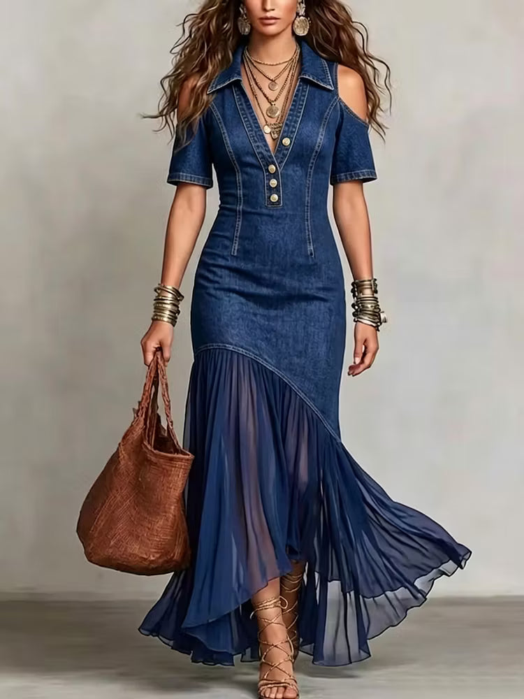 Presley | Vestido Maxi Denim Hombros Descubiertos