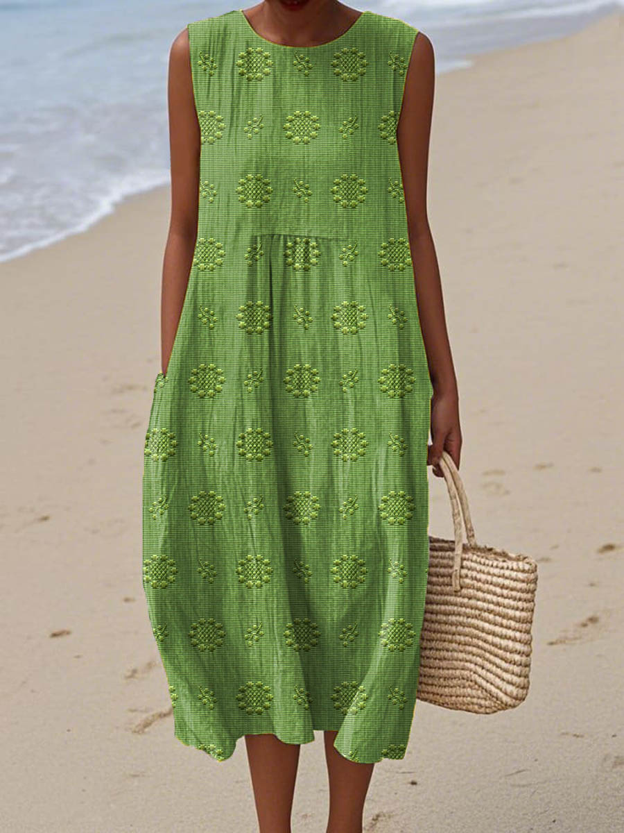 Aikaterini - Vestido Midi Sin Mangas Con Bolsillos y Textura
