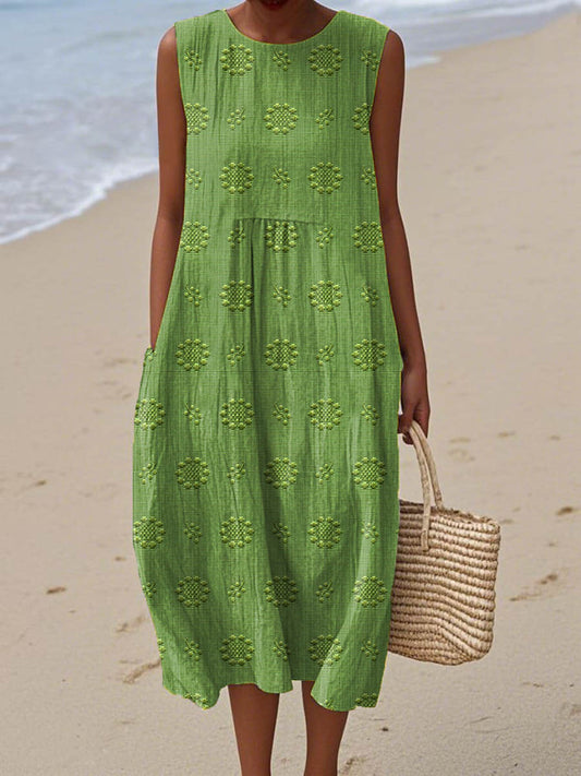 Aikaterini - Vestido Midi Sin Mangas Con Bolsillos y Textura
