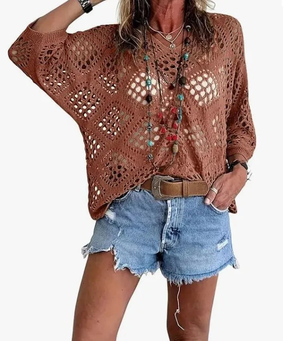 Raissa - Top de Ganchillo Con Cuello en V y Punto Calado