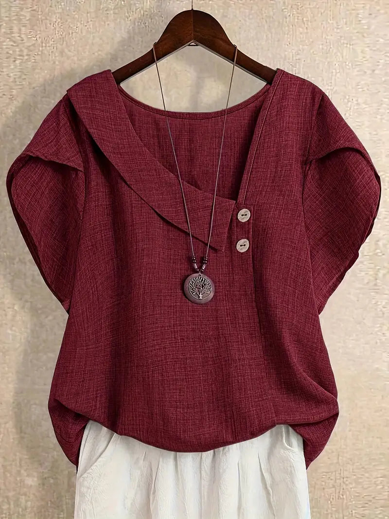 Milany - Blusa Informal De Manga Corta Con Cuello Asimétrico Y Detalle De Botones
