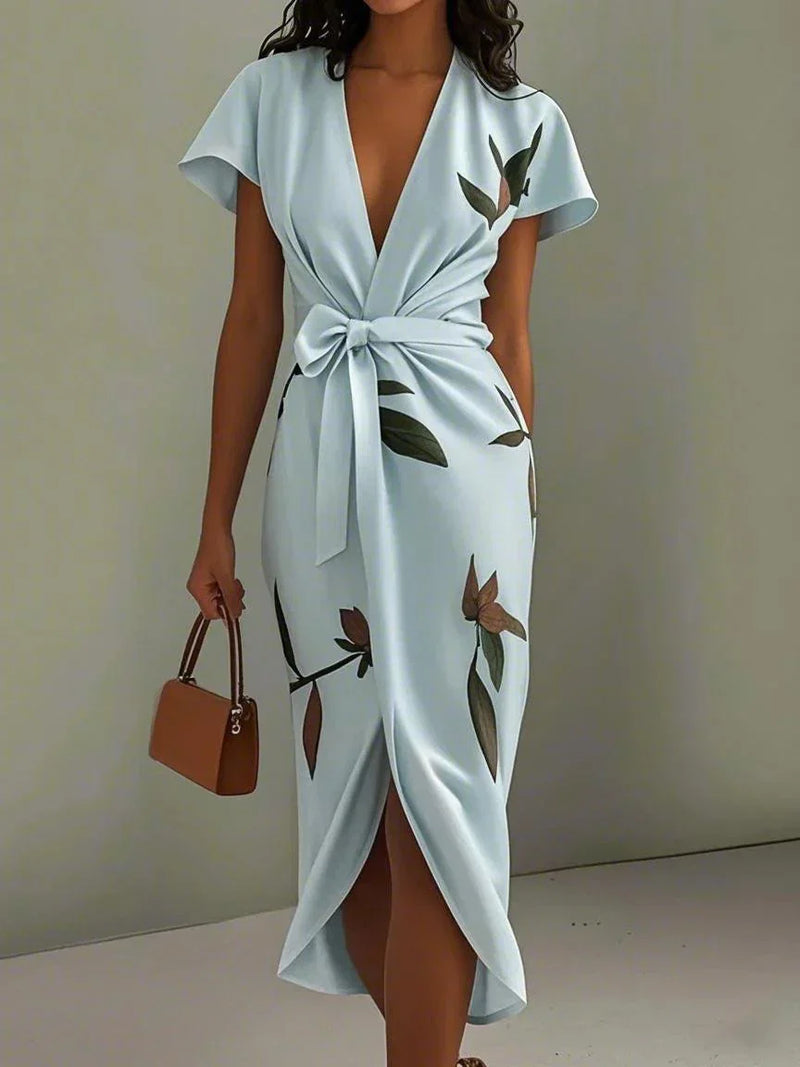 Beverly | Vestido MIDI Cruzado Blanco Con Estampado Floral Y Cuello en V