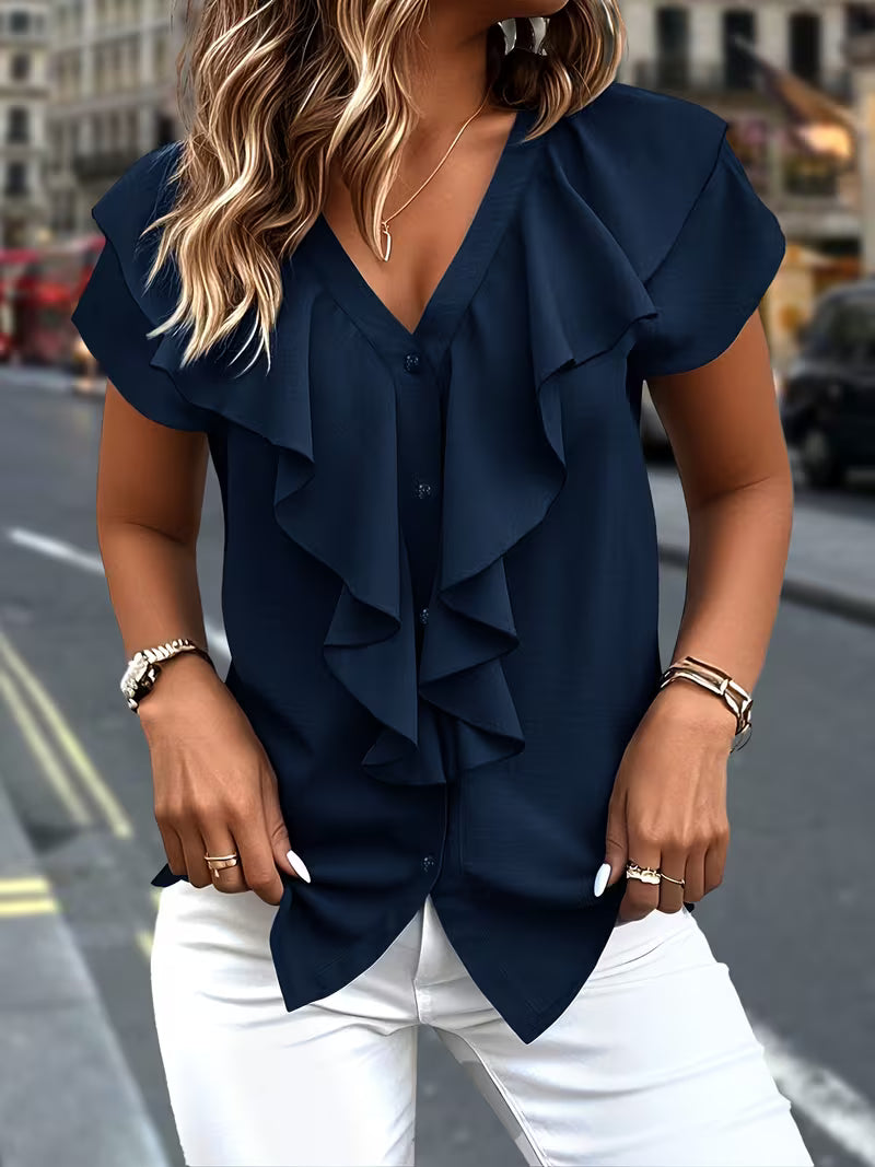 Salma - Blusa Con Cuello en V y Volantes en la Parte Delantera