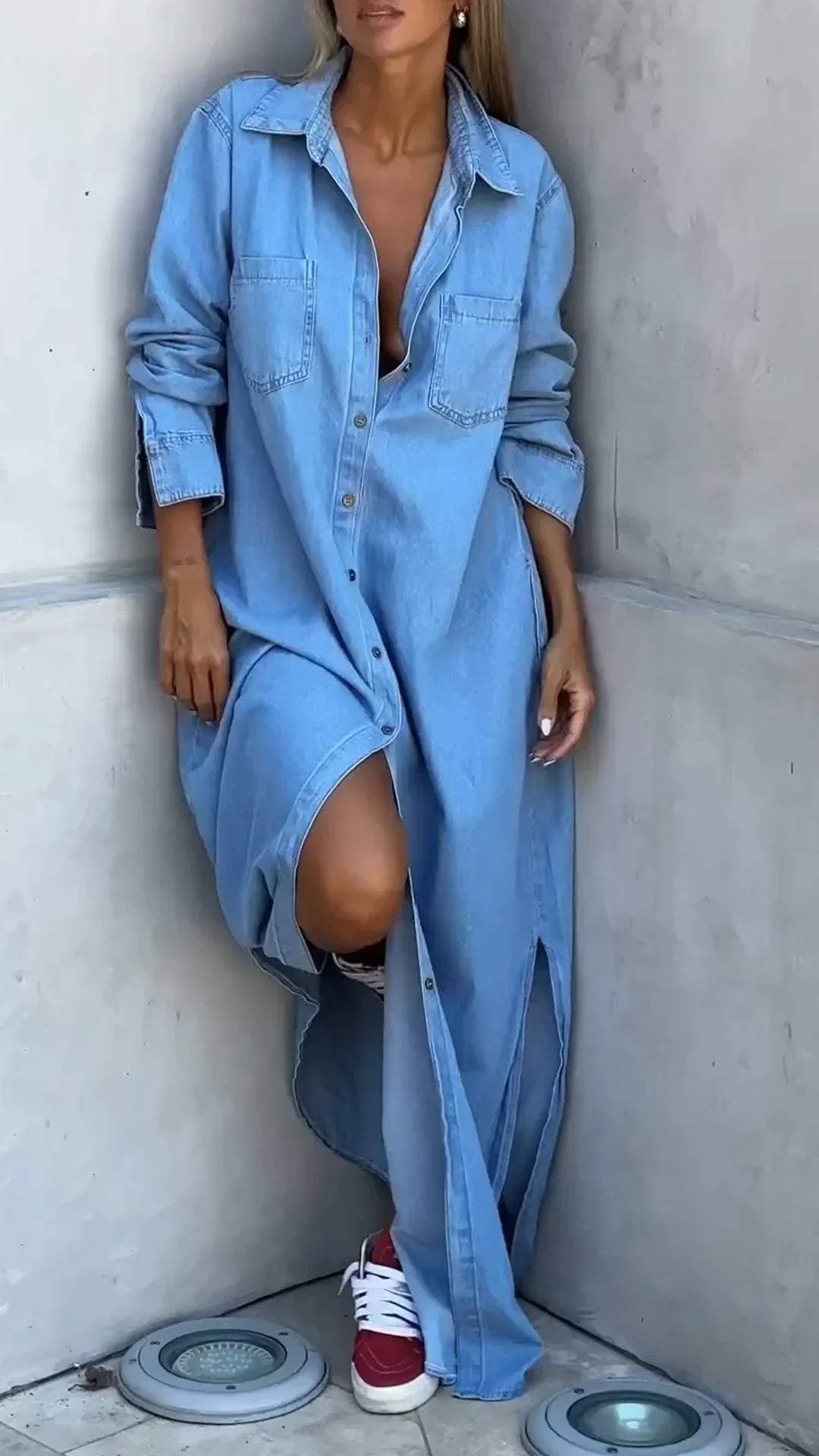 Vallina - Vestido Camisero Largo De Denim Con Cuello Y Botones en La Parte Delantera
