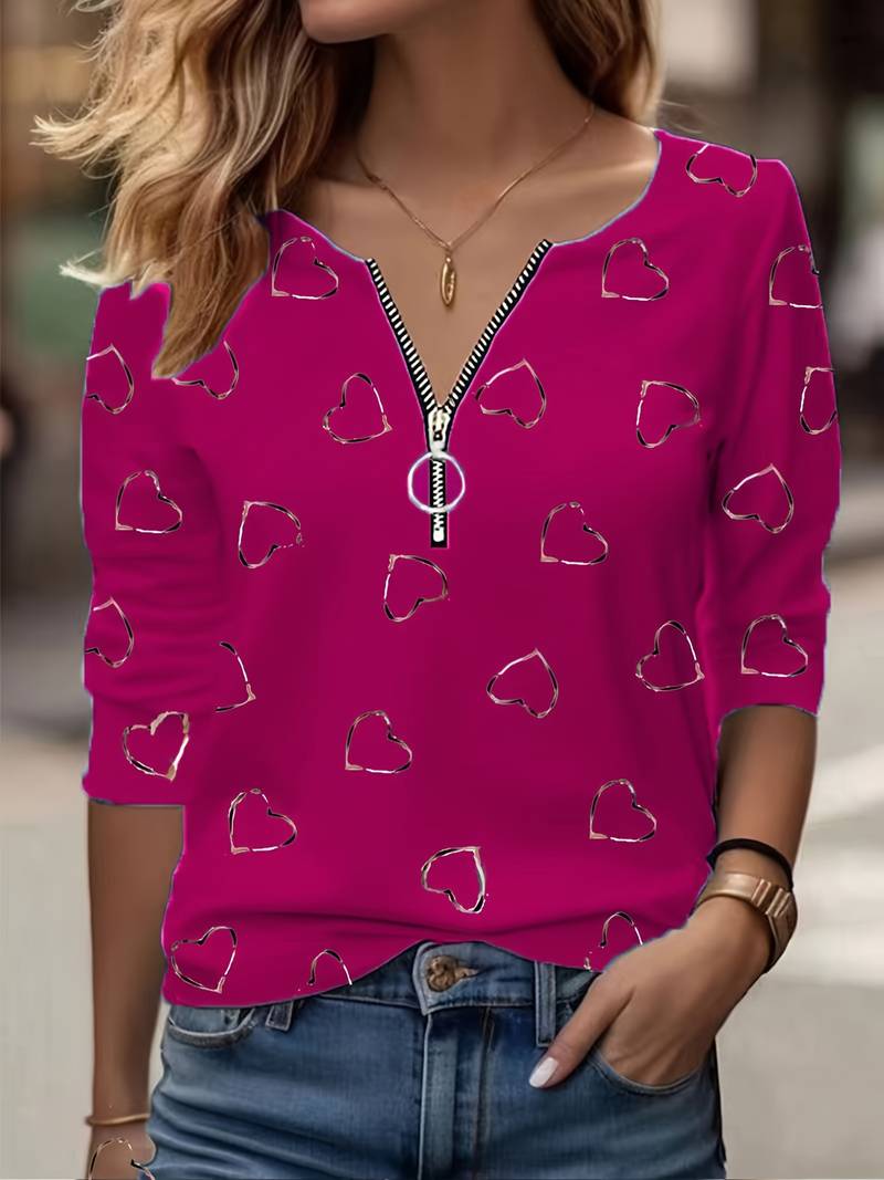 Romisha | Camiseta De Manga Larga Con Cuello Con Cremallera y Estampado De Corazones