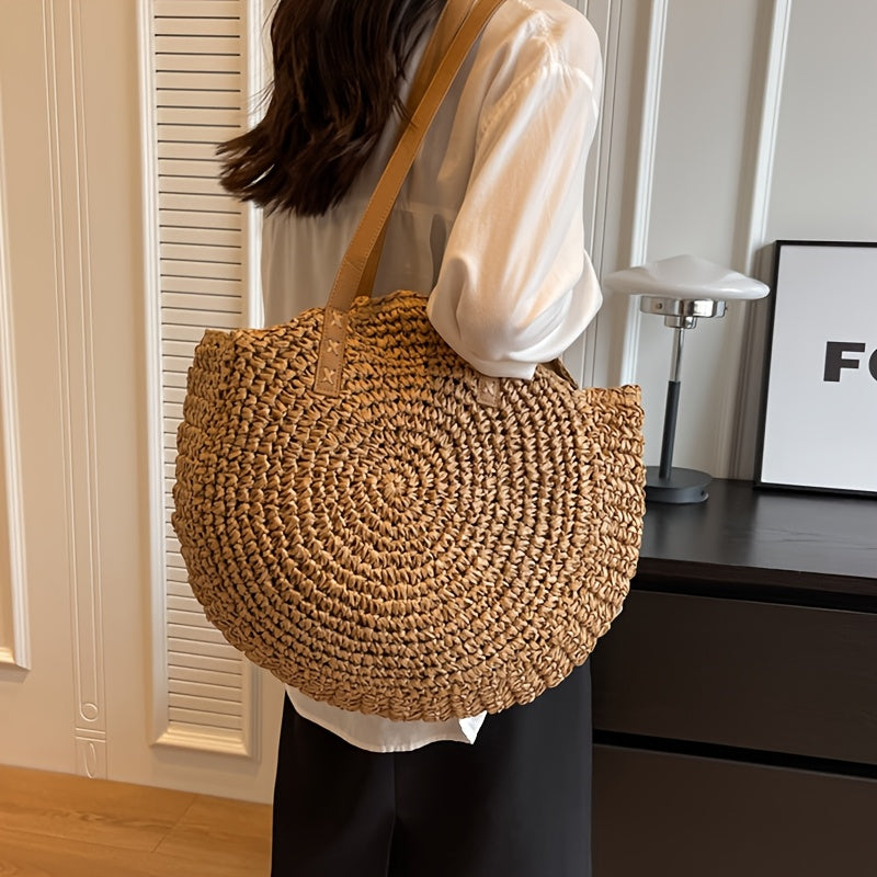Cléa | Bolso De Hombro Tipo Tote Redondo De Paja Trenzada