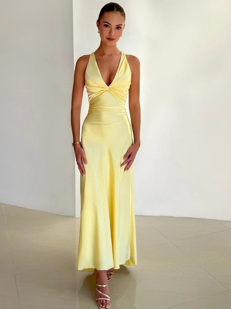 Fabiola | Vestido Maxi Amarillo Sin Mangas Cuello V