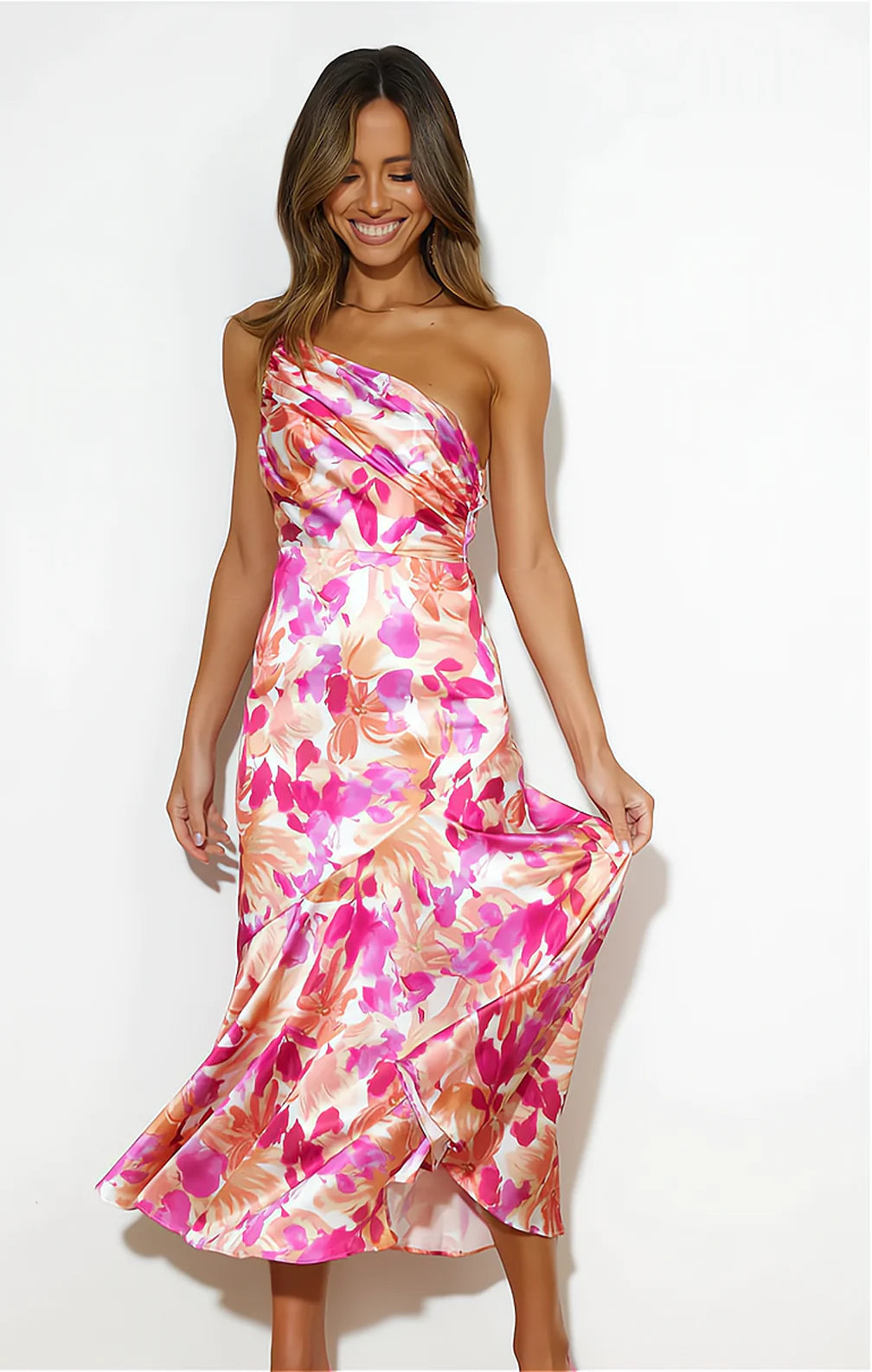 Cynthia | Vestido Midi de Satén Con Estampado Floral y un Solo Hombro