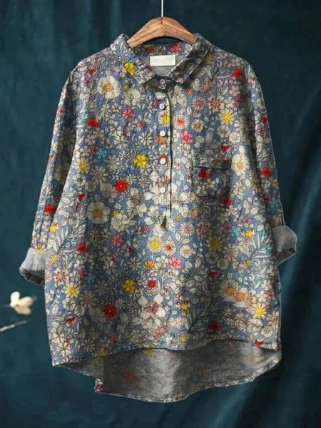 Emery - Blusa Con Estampado Floral Botones Cuello y Bolsillo en el Pecho
