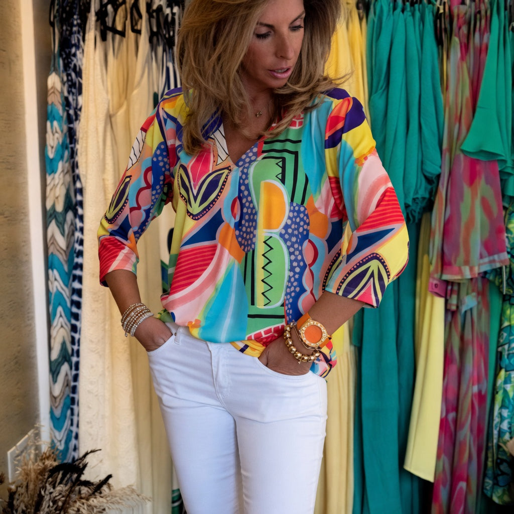 Marlain | Blusa Holgada Con Cuello en V Y Estampado Abstracto