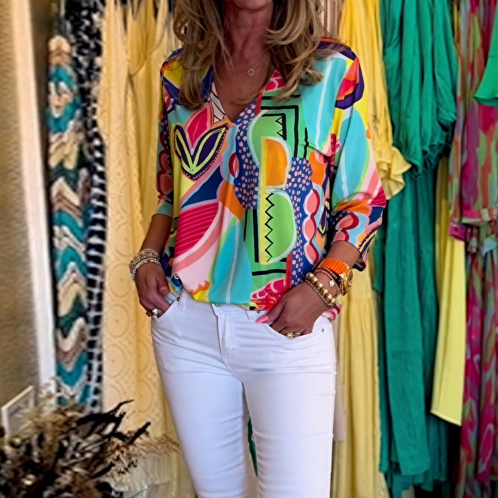 Marlain | Blusa Holgada Con Cuello en V Y Estampado Abstracto