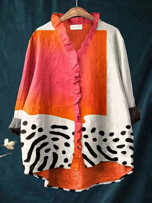 Calysta - Blusa Con Cuello en V y Volantes con Estampado Abstracto