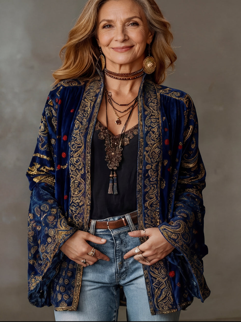 Elyska - Chaqueta kimono de manga larga con estampado y abertura frontal