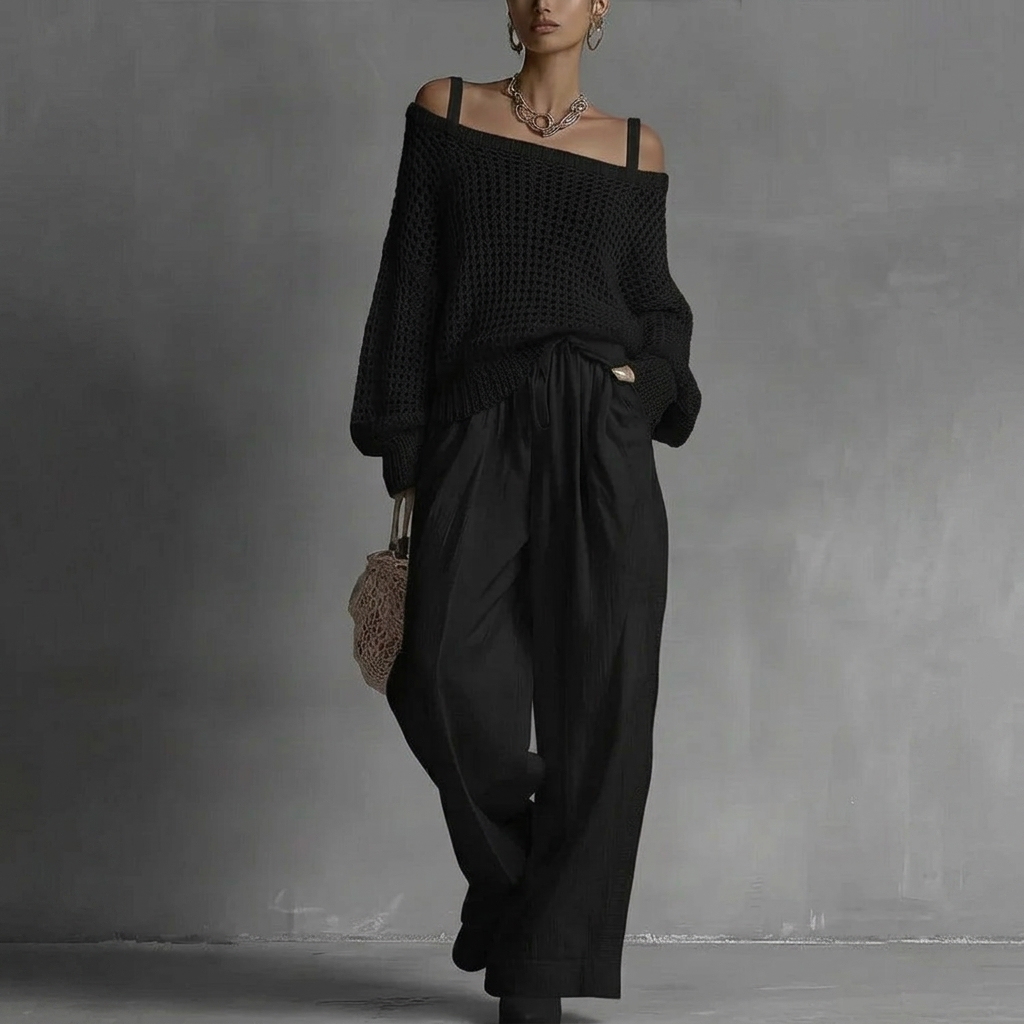 Shaneka | Conjunto De Top De Punto Con Hombros Al Descubierto Y Pantalón De Pierna Ancha