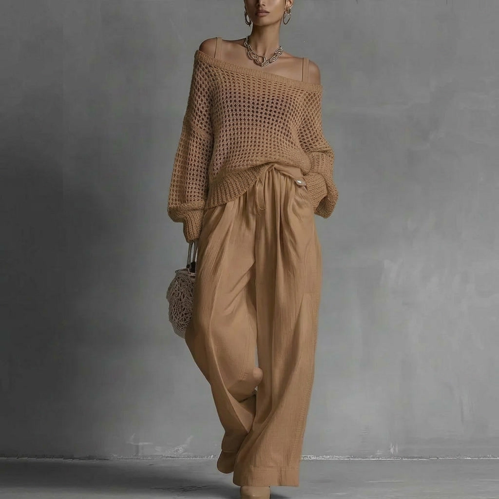 Shaneka | Conjunto De Top De Punto Con Hombros Al Descubierto Y Pantalón De Pierna Ancha