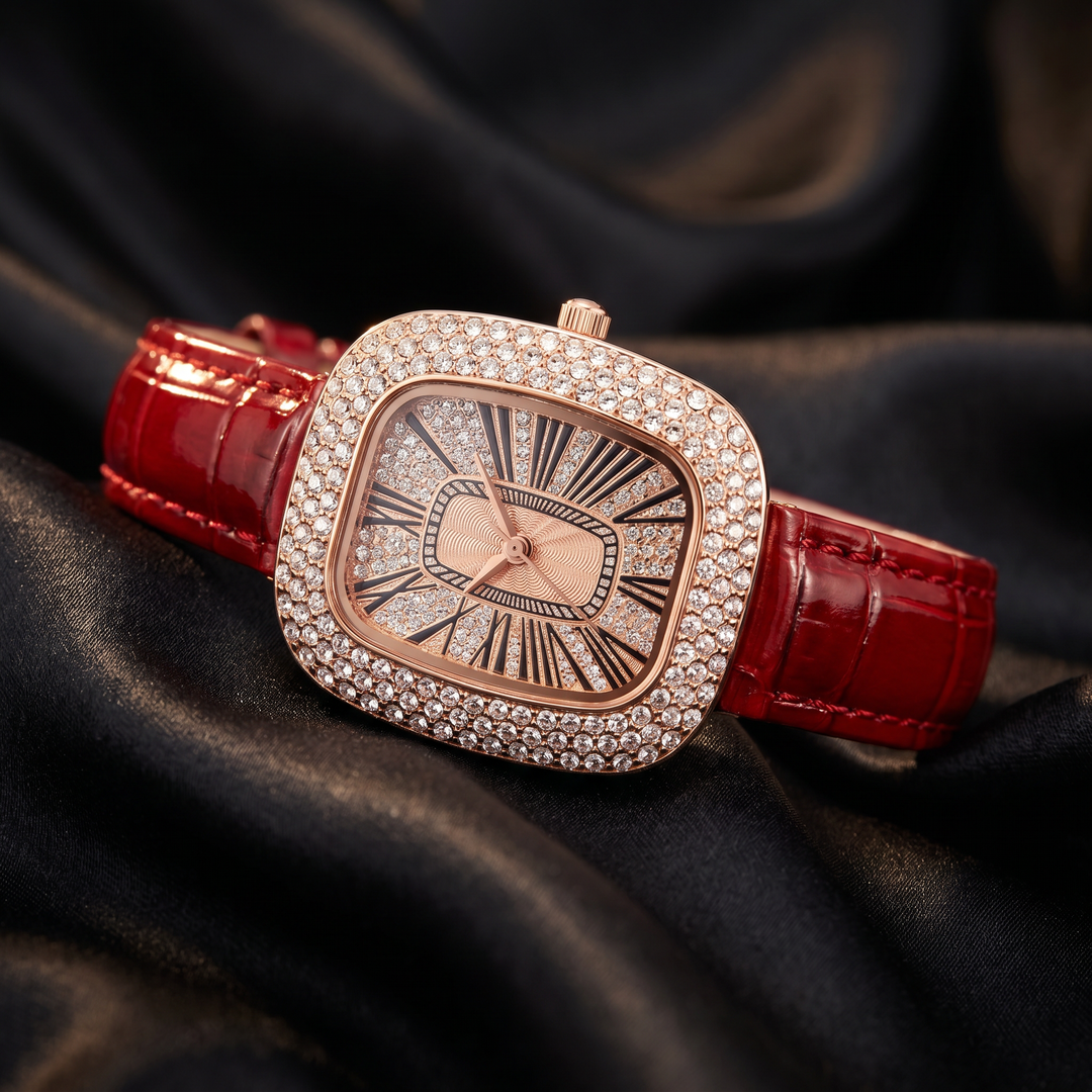 Vítor | Reloj rectangular con bisel de cristal y correa roja