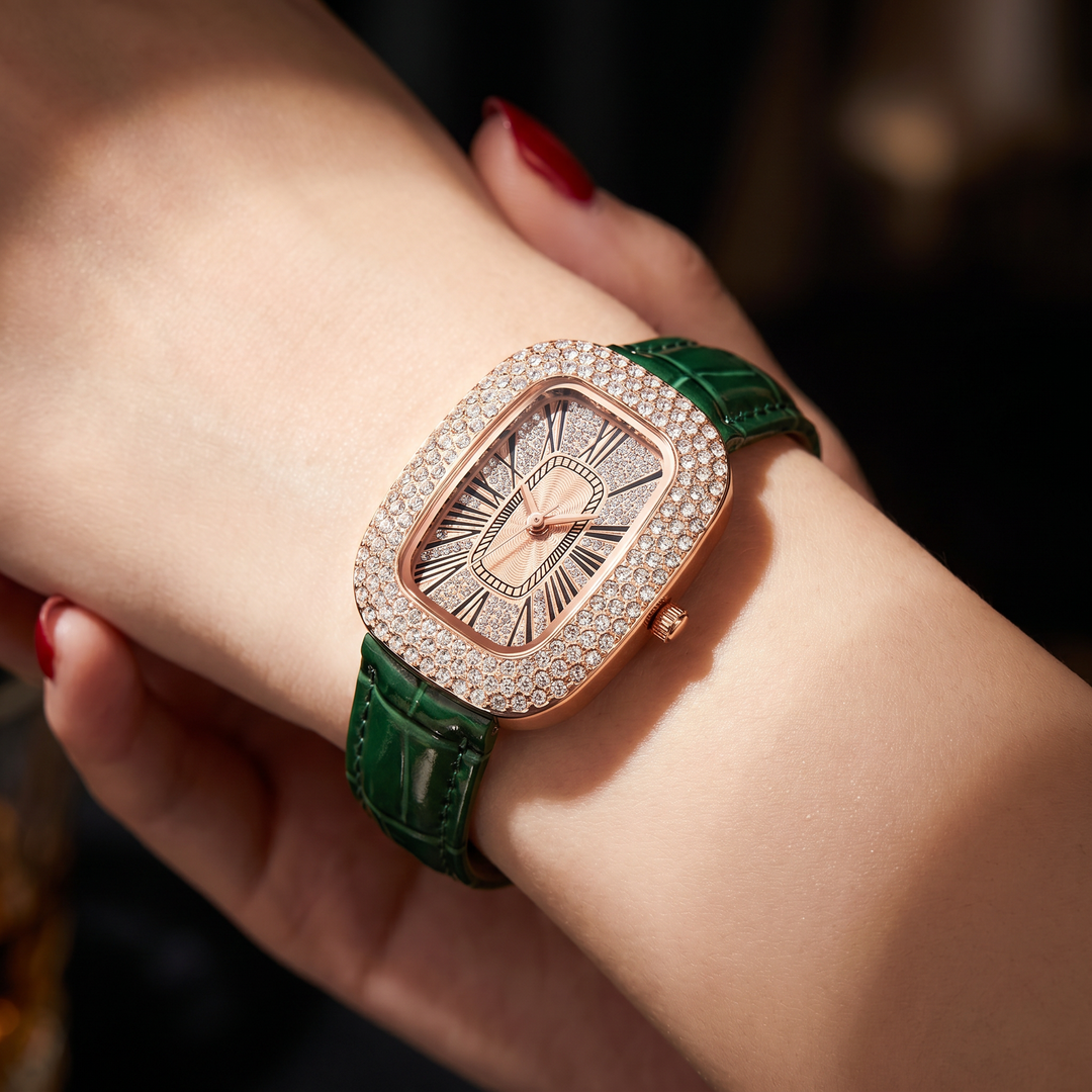 Vítor | Reloj rectangular con bisel de cristal y correa roja