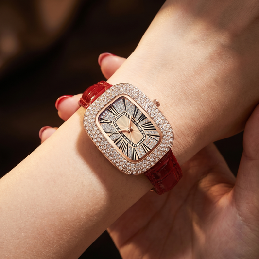 Vítor | Reloj rectangular con bisel de cristal y correa roja