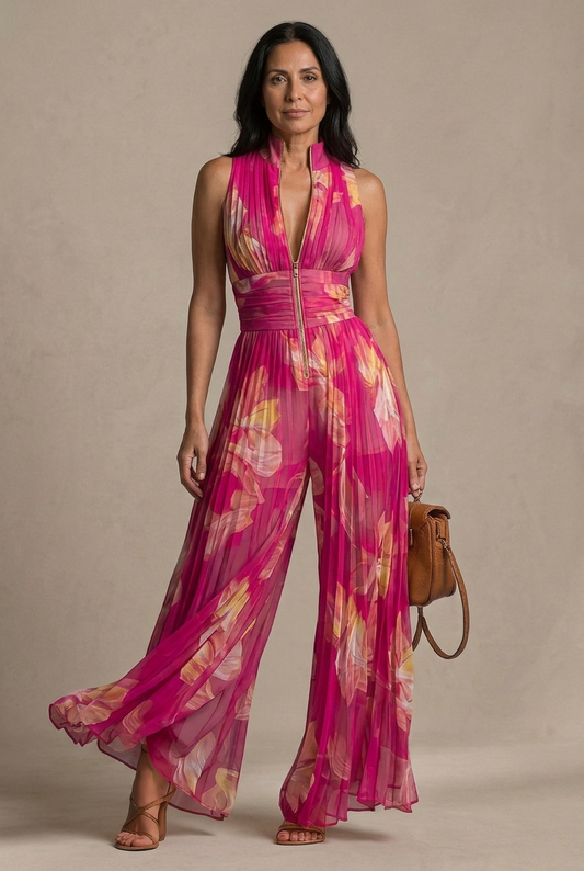 Sandria | Mono Floral Con Cuello Halter Y Pernera Ancha