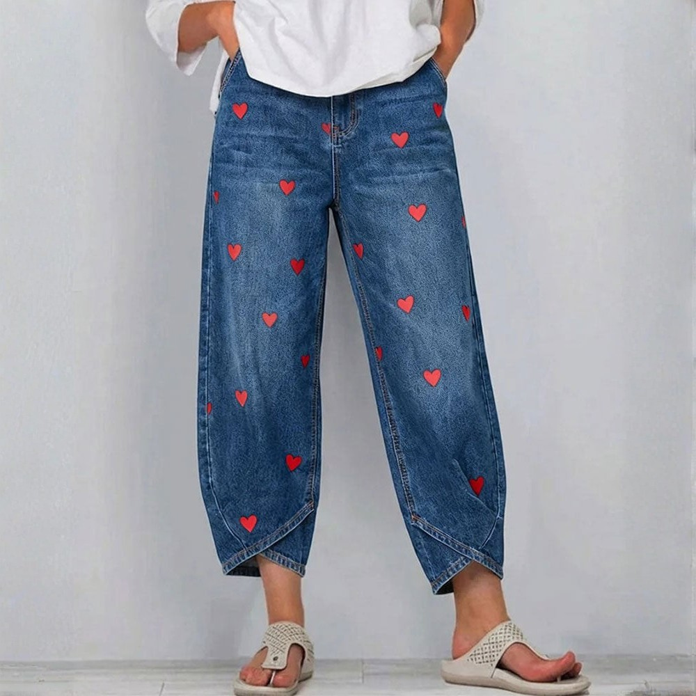 Raemaa | Pantalón Vaquero Tobillero con Estampado Corazones