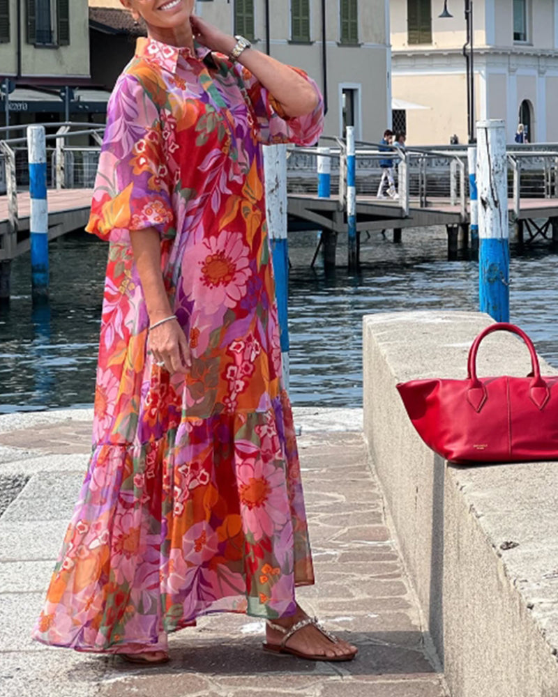 Tanisha | Vestido Maxi Floral con Cuello y Mangas Abullonadas