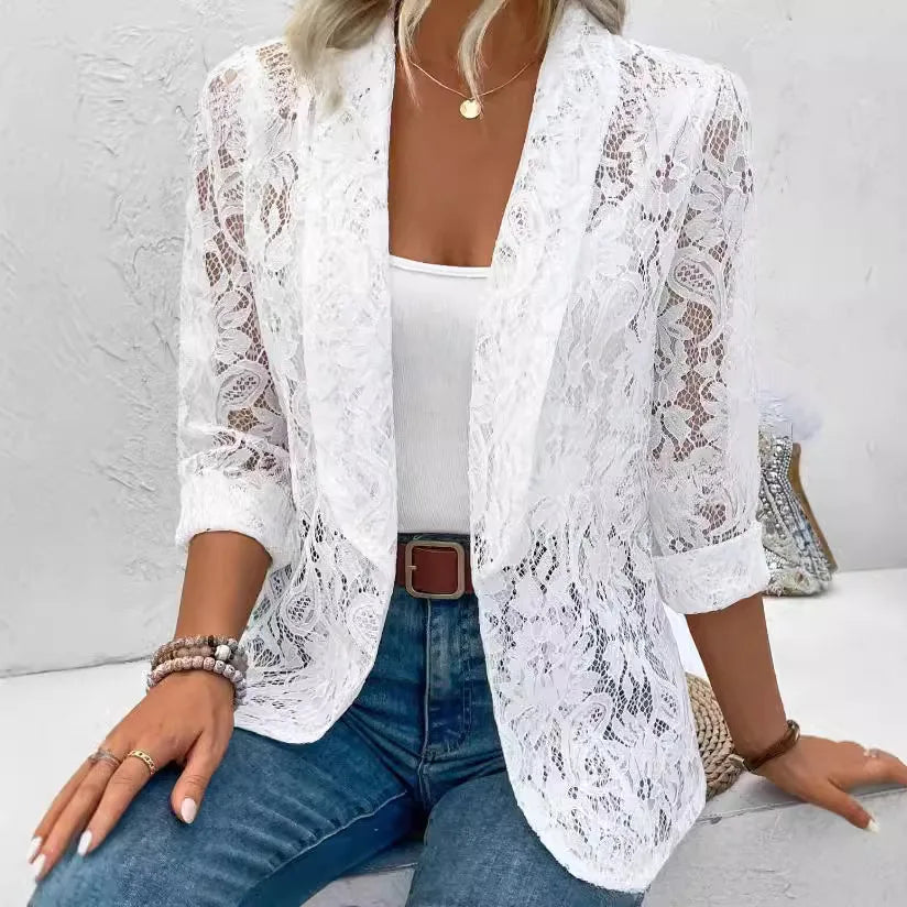 Naemi - Blazer de Manga Larga Con Encaje y Abertura Frontal