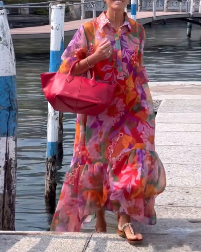 Tanisha | Vestido Maxi Floral con Cuello y Mangas Abullonadas