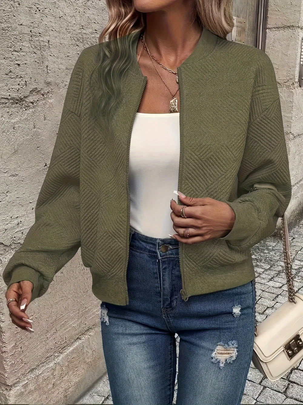 Shahna | Chaqueta Bomber Con Cremallera Frontal y Textura