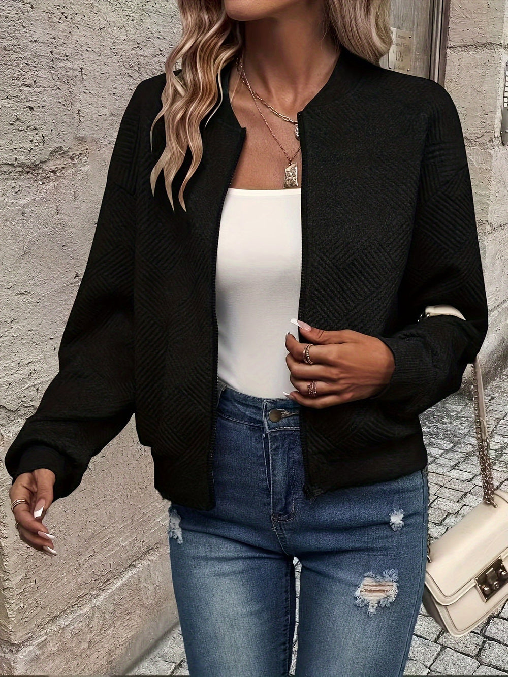 Shahna | Chaqueta Bomber Con Cremallera Frontal y Textura
