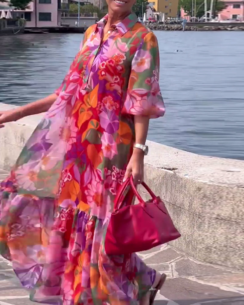 Tanisha | Vestido Maxi Floral con Cuello y Mangas Abullonadas