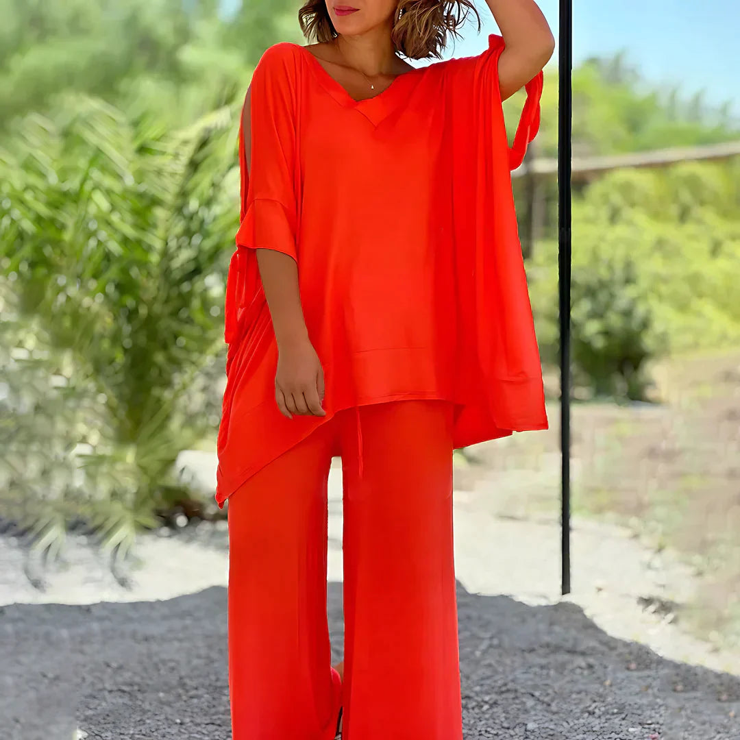 Lucee | Conjunto De Dos Piezas Con Cuello en V Y Pantalones De Pierna Ancha