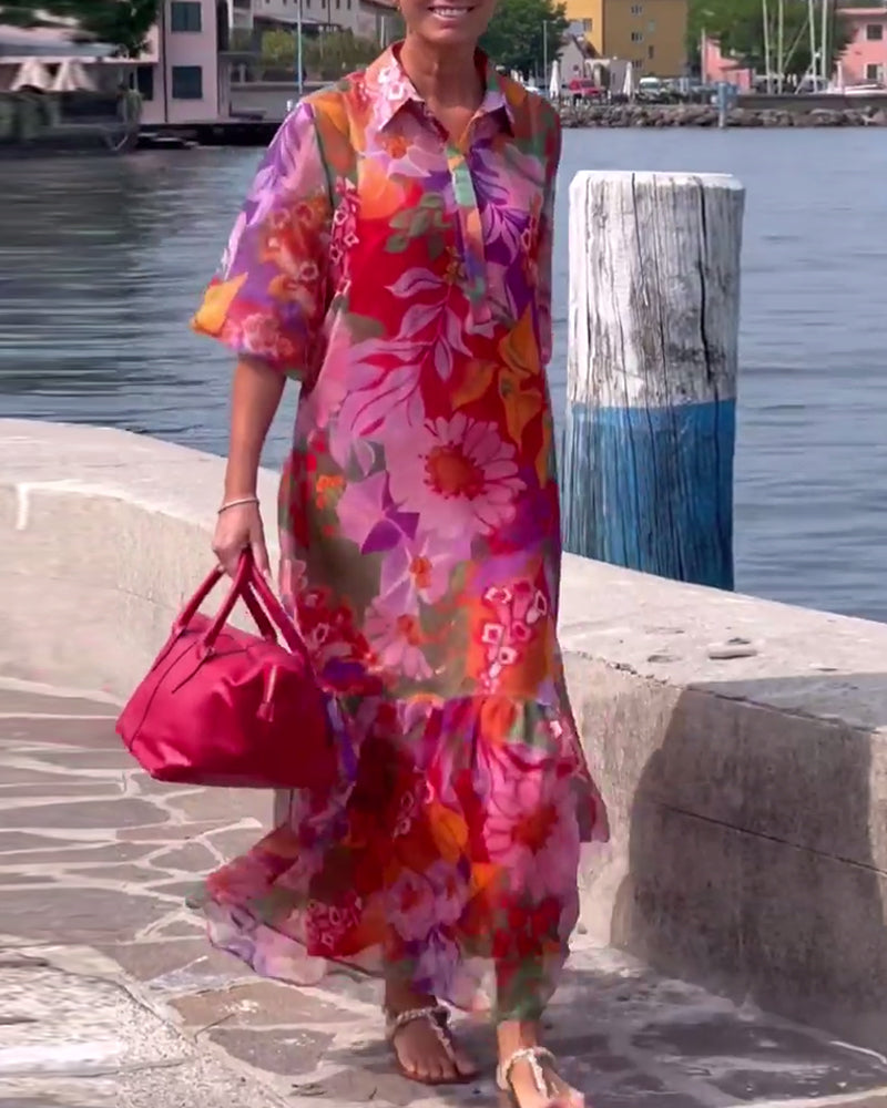 Tanisha | Vestido Maxi Floral con Cuello y Mangas Abullonadas
