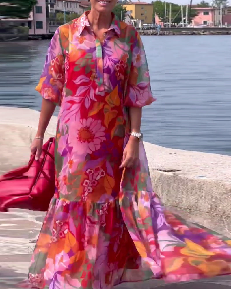 Tanisha | Vestido Maxi Floral con Cuello y Mangas Abullonadas