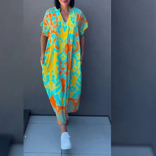 Bastiana | Vestido Midi Estampado de Manga Corta