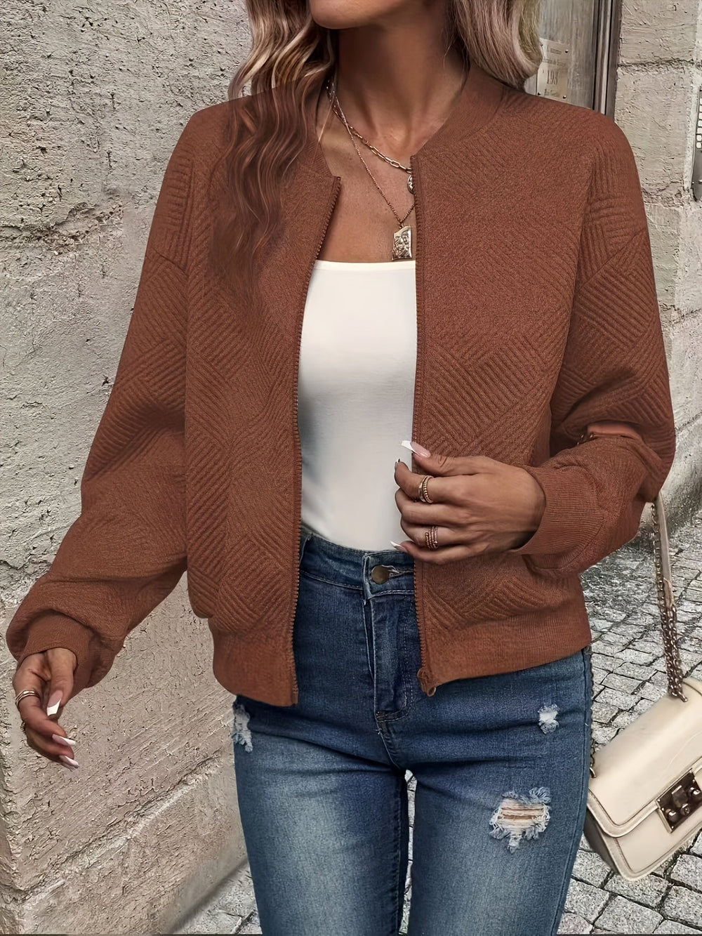 Shahna | Chaqueta Bomber Con Cremallera Frontal y Textura