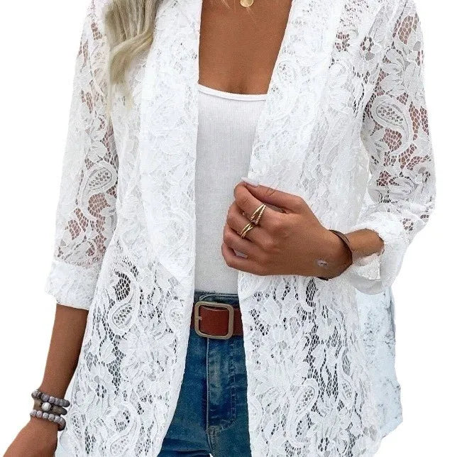 Naemi - Blazer de Manga Larga Con Encaje y Abertura Frontal