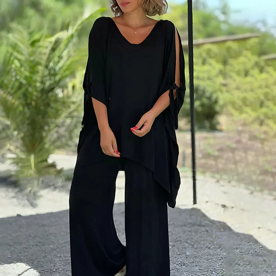 Lucee | Conjunto De Dos Piezas Con Cuello en V Y Pantalones De Pierna Ancha