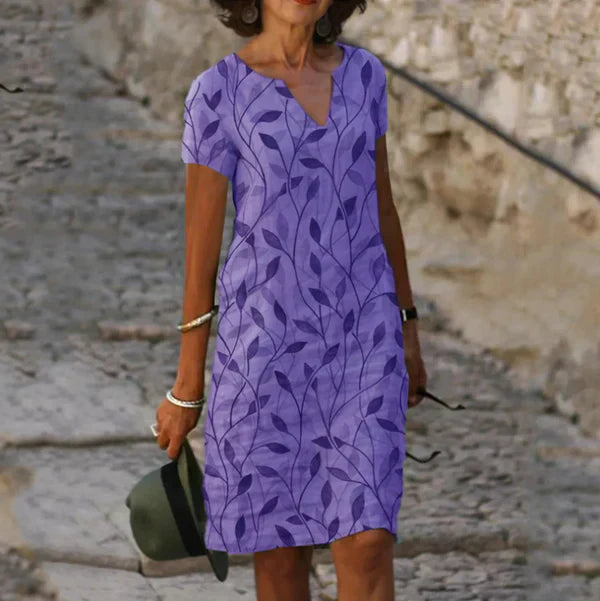 Rumeena - Vestido De Mujer Con Estampado De Hojas, Cuello en V, Manga Corta Y Largo Hasta La Rodilla