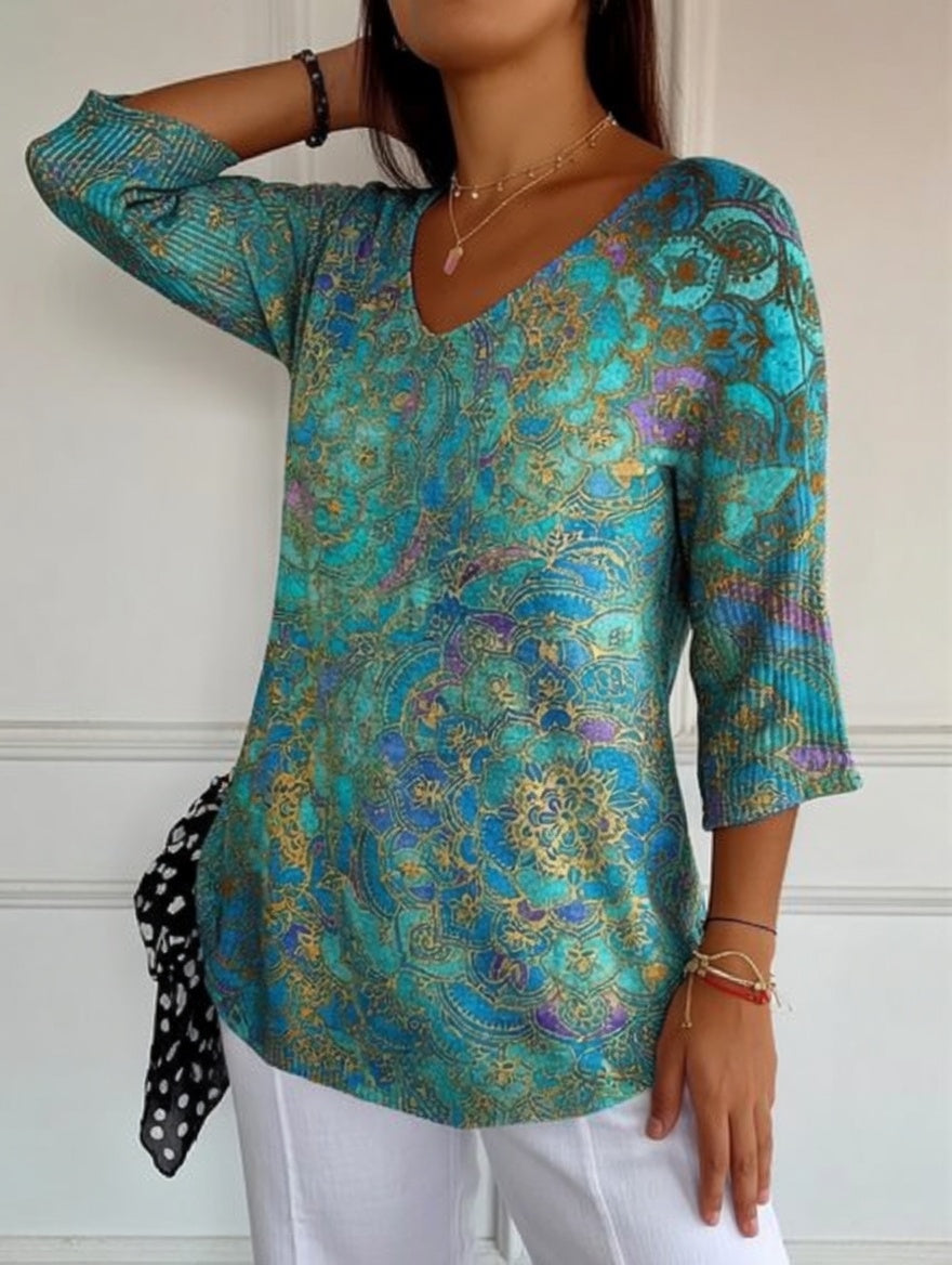 Rezilia | Blusa De Mujer Con Estampado Floral en Verde Azulado Y Cuello en V