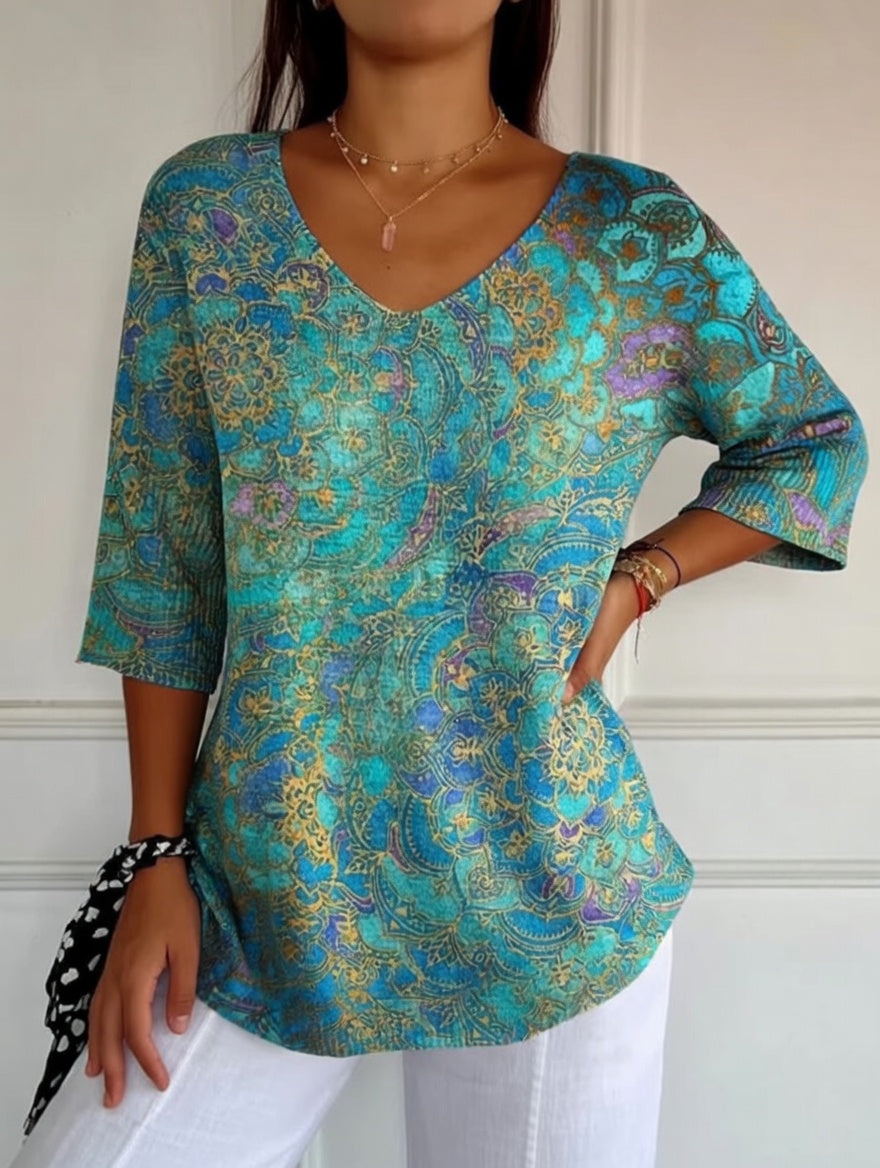 Rezilia | Blusa De Mujer Con Estampado Floral en Verde Azulado Y Cuello en V