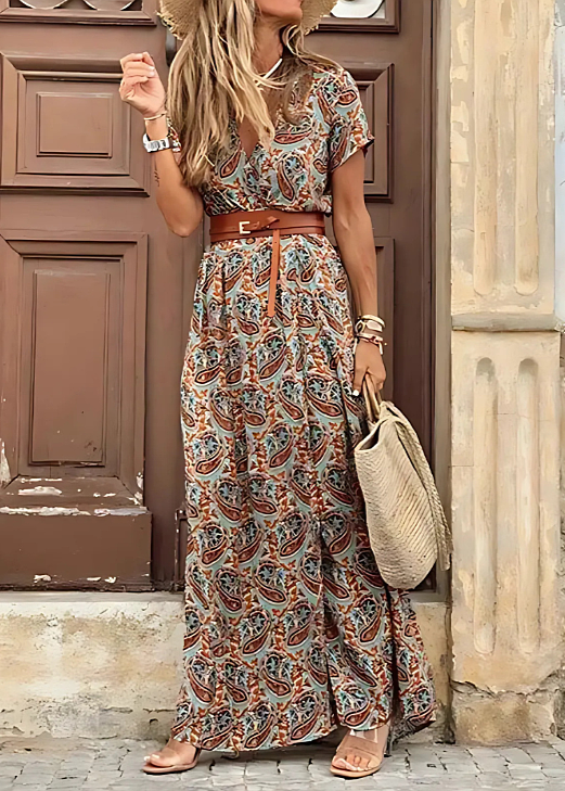 Briony | Vestido Largo De Manga Corta Con Cuello en V Y Estampado Floral