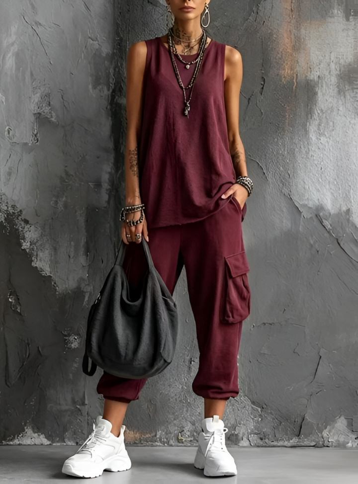 Ashlea | Conjunto de top sin Mangas de Corte Holgado y Pantalones Joggers Cargo