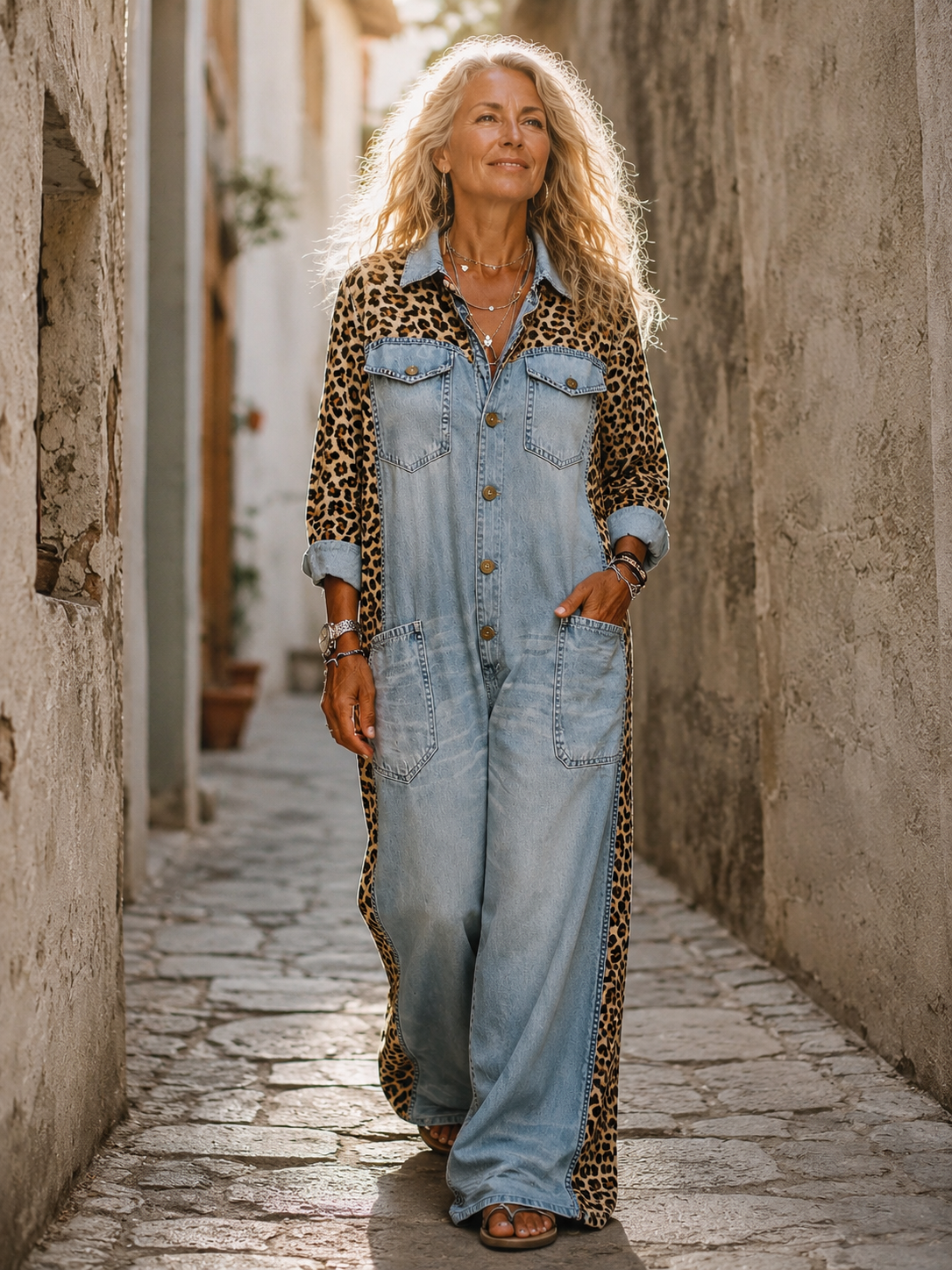 Yasmeen | Mono de Vaqueros de Corte Ancho con Estampado de Leopardo