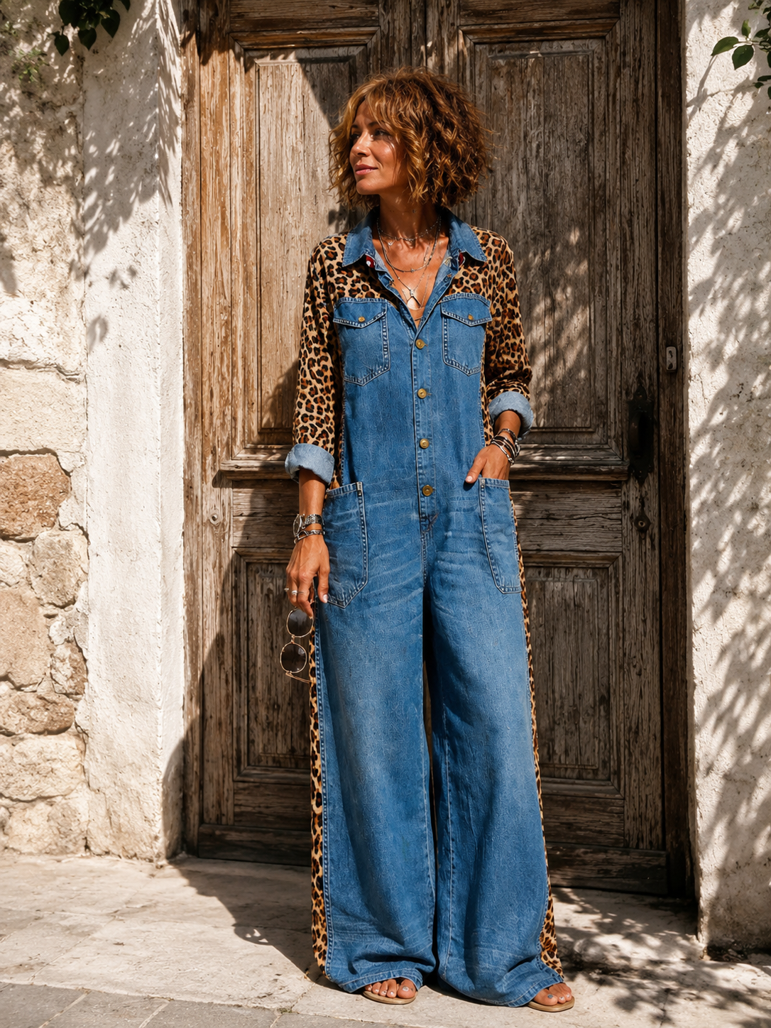 Yasmeen | Mono de Vaqueros de Corte Ancho con Estampado de Leopardo