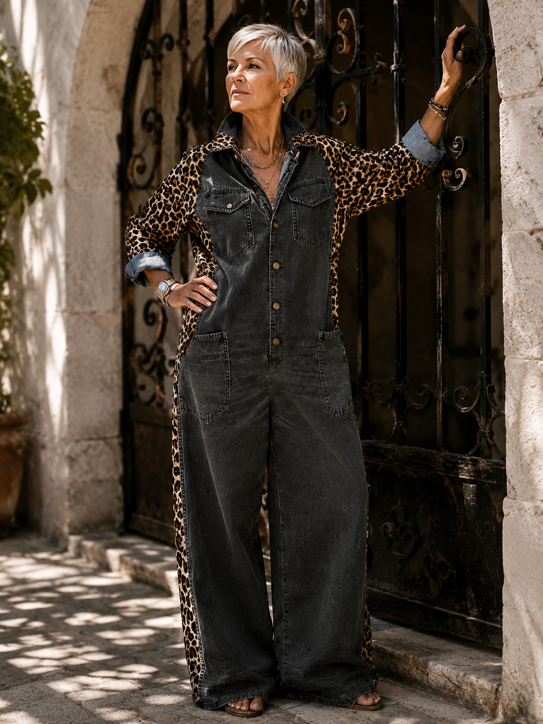 Yasmeen | Mono de Vaqueros de Corte Ancho con Estampado de Leopardo