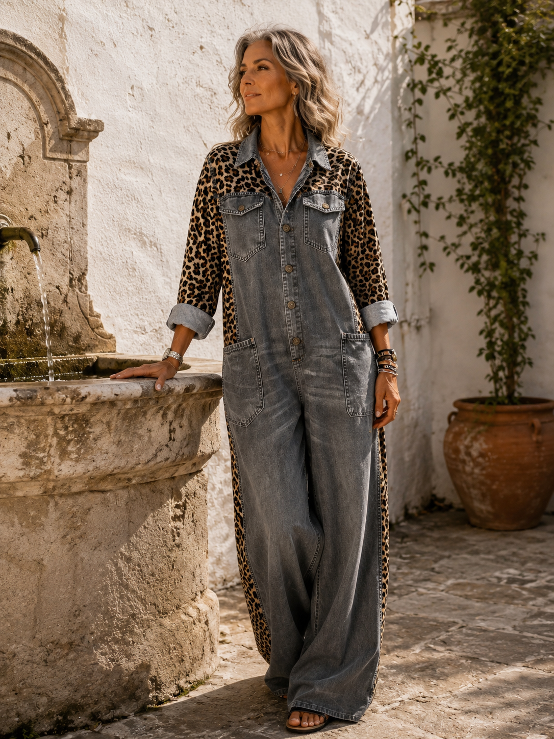 Yasmeen | Mono de Vaqueros de Corte Ancho con Estampado de Leopardo