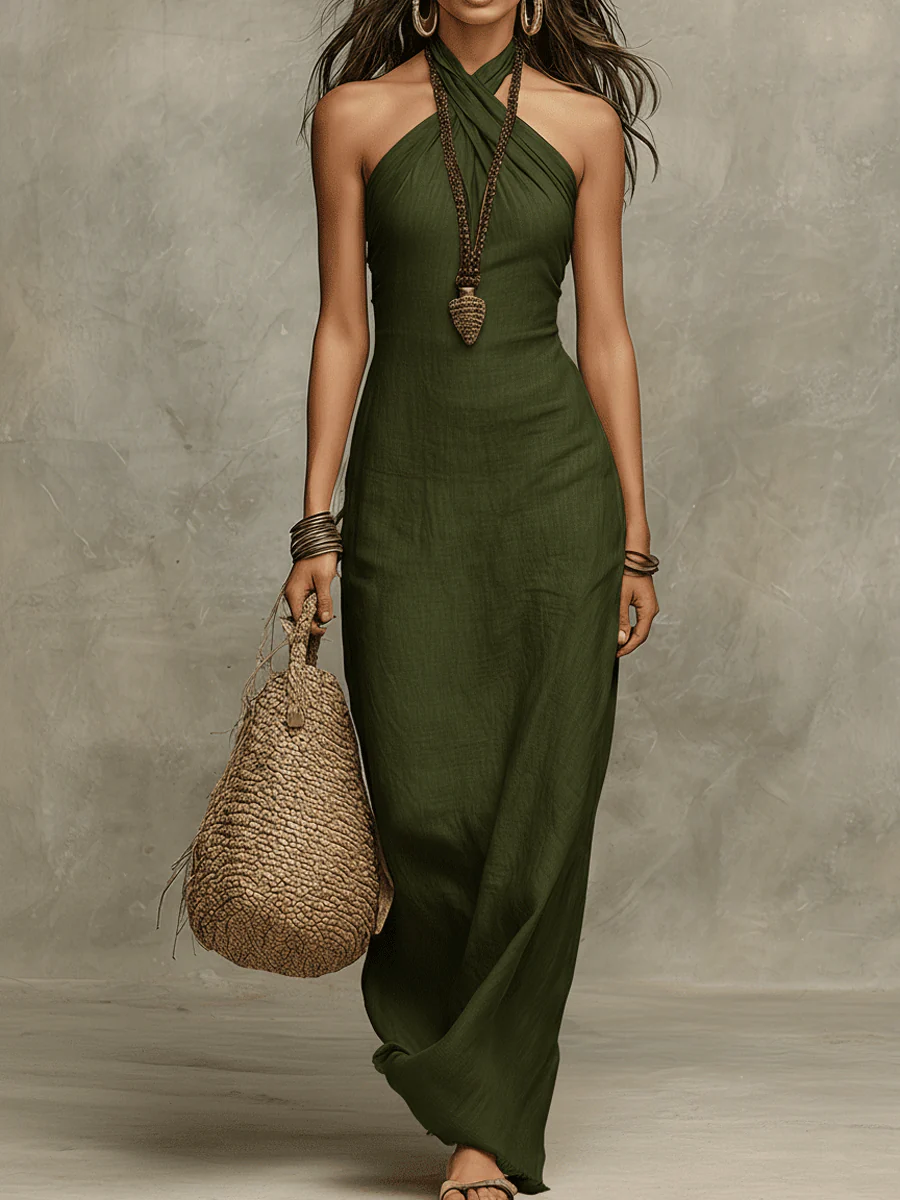 Nazia | Vestido Maxi Halter Cruzado Fluido