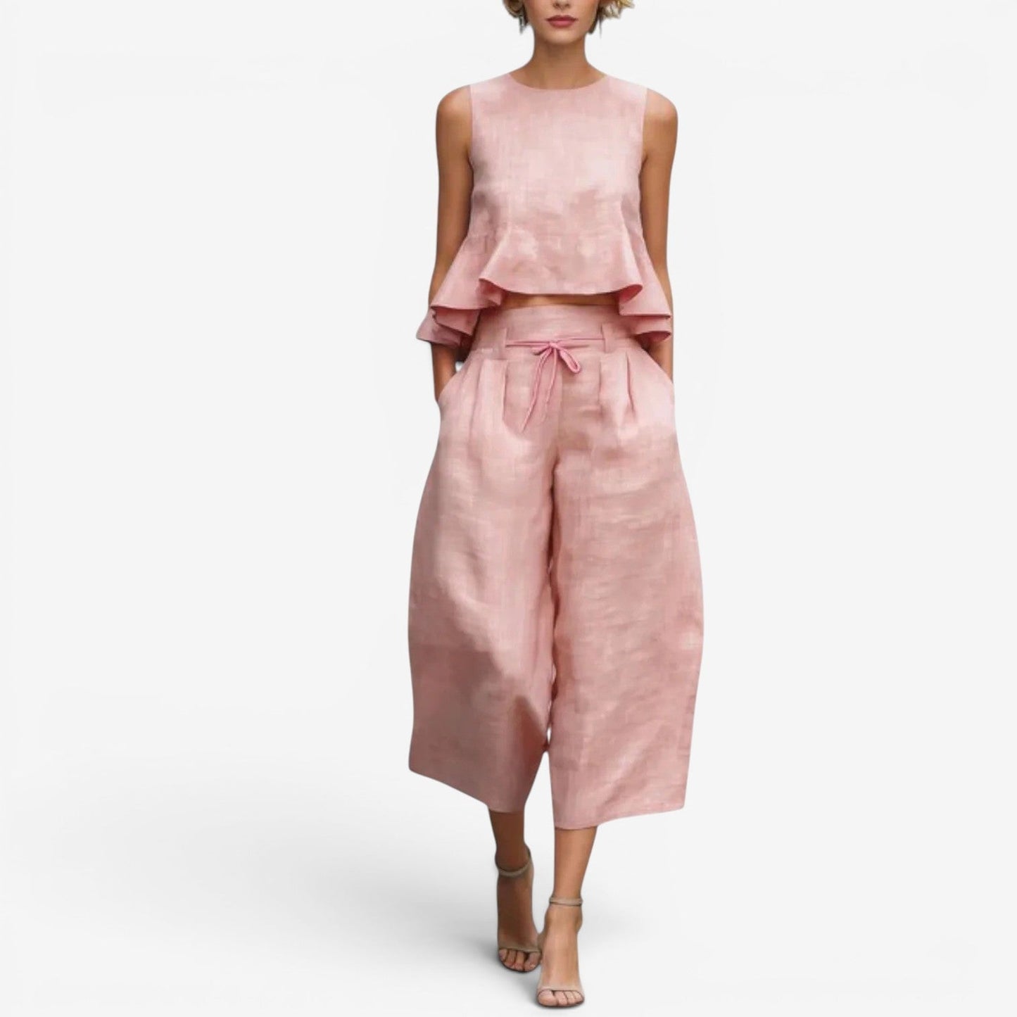 Nilyana | Conjunto De Top Sin Mangas Con Volantes Y Pantalones De Pierna Ancha
